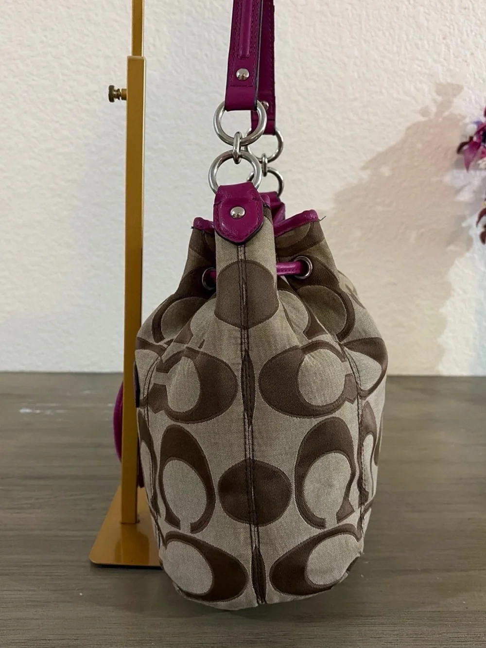 Coach #F25675 Daisy Outline Signature Monogram Drawstring Khaki Raspberry Pink